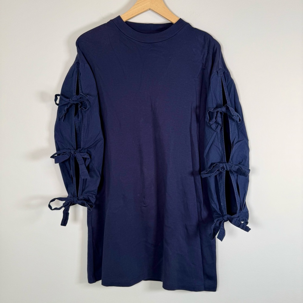 Tory Burch Classic Emilia Bow Tie Long Sleeve‎ Basic Mini Dress Navy Size Small